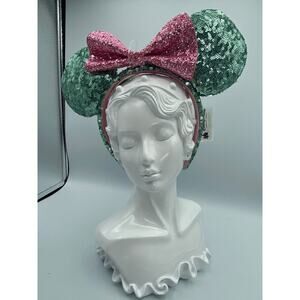 Genuine Disney Park Sequin Mint Green Ears Pink Bow Minnie Mickey Mouse Headband